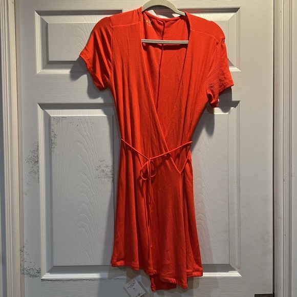 NWT! Skatie Orange Gwen Rib Knit Wrap Mini Dress M V-Neck - Picture 2 of 9